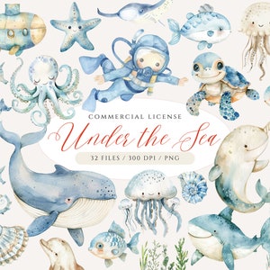 Aquarel onder de zee clipart bundel, oceaankwekerij, nautische clipart, zeedieren, walvis, schildpad, haai, dolfijn, onderzeese clipart