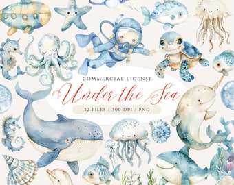 Watercolor Sea Animal Clipart Bundle: Under the Sea Ocean Nursery Art