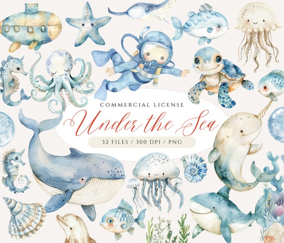 Watercolor Sea Animal Clipart Bundle: Under the Sea Ocean Nursery Art