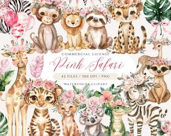 Clipart Safari rose, animaux de safari PNG, Safari aquarelle, Clipart animaux mignons de la jungle, anniversaire Safari, Art pour chambre de bébé Safari, Lion, girafe