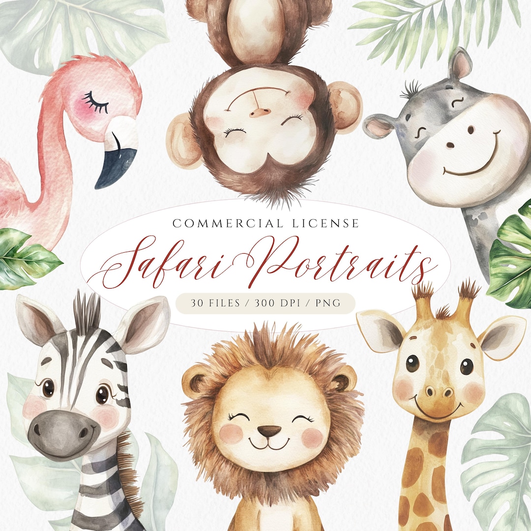 Watercolor Safari Animals Clipart, Jungle Animal Portraits PNG - Etsy