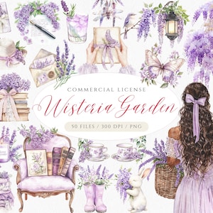 Clipart primavera giardino floreale di glicine, PNG primavera acquerello, Clipart primavera cottagecore, giardino di lavanda, primavera pastello, PNG glicine