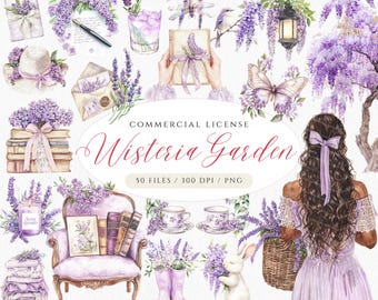 Watercolor Wisteria Garden Clipart, Cottagecore Spring PNG (Digital Download)