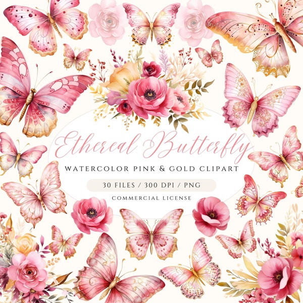 Pink Butterfly Clipart, Watercolor Butterfly PNG, Pink and Gold Butterflies, Pink Flower Clipart, Butterflies and Flowers, Floral Clipart