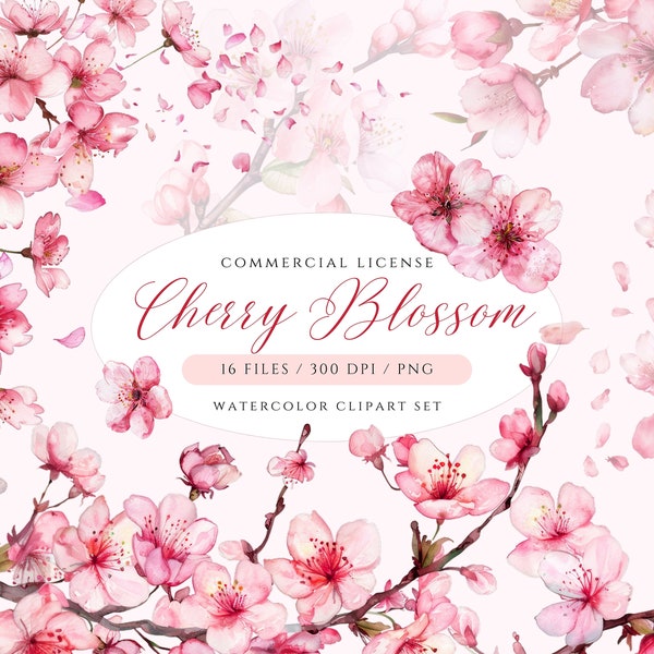 Watercolor Cherry Blossom Clipart, Cherry Flower, Sakura Clipart, Spring Floral Clipart, Floral Branches, Watercolor Pink Floral Clipart,