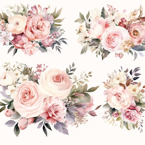 May include: Four watercolour floral bouquets featuring pink, white and cream roses, greenery and other flowers.