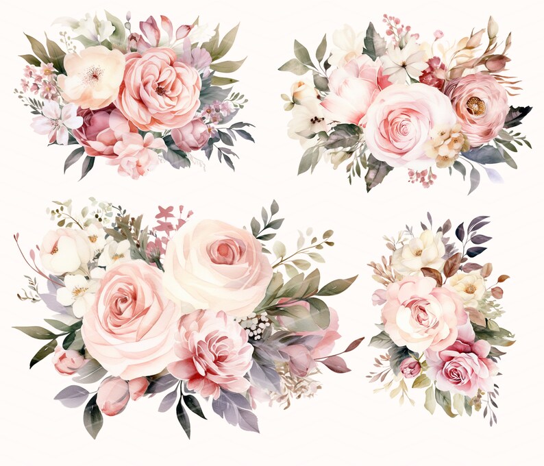 May include: Four watercolour floral bouquets featuring pink, white and cream roses, greenery and other flowers.