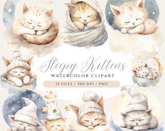 Watercolor Sleepy Kitten Clipart: Baby Shower PNG (Digital Download)
