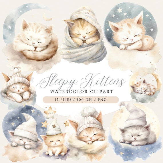 Watercolor Sleepy Kitten Clipart: Baby Shower PNG (Digital Download)