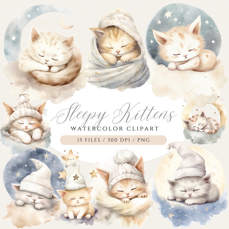 May include: Watercolor clipart of 10 sleepy kittens in various poses, including curled up, sleeping on a moon, and wearing a nightcap. The kittens are all white and orange with blue and grey watercolor backgrounds. The text "Sleepy Kittens Watercolor Clipart" is written in cursive at the bottom of the image.