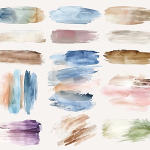 May include: A set of 15 watercolor brushstrokes in various shades of blue, brown, pink, green, and purple. The brushstrokes are abstract and organic, creating a unique and artistic effect.