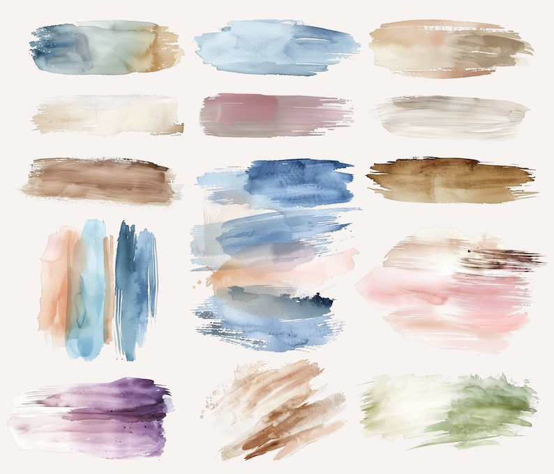 May include: A set of 15 watercolor brushstrokes in various shades of blue, brown, pink, green, and purple. The brushstrokes are abstract and organic, creating a unique and artistic effect.