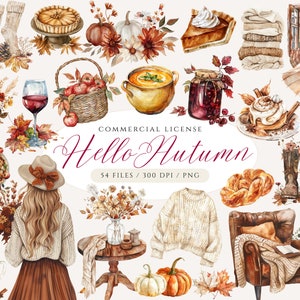 Hola Otoño, Paquete de imágenes prediseñadas de otoño de acuarela, Imágenes prediseñadas de otoño acogedoras, Otoño Cottagecore, Imágenes prediseñadas de calabaza, Otoño neutro, Estado de ánimo rústico de otoño