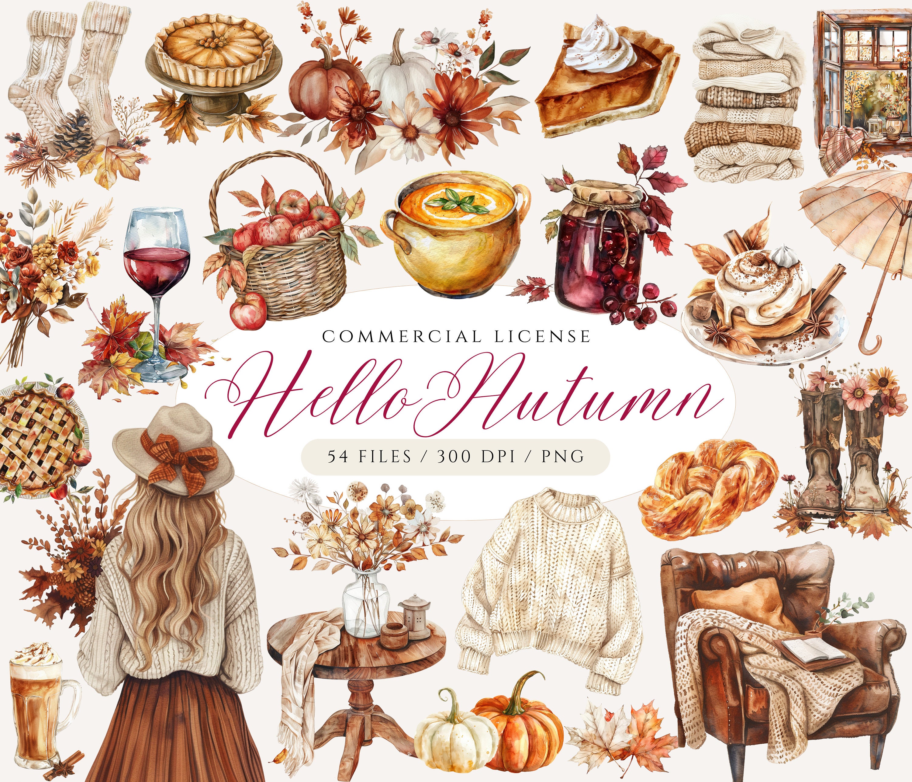 Bonjour l'automne, lot de cliparts aquarelle automne, clipart automne douillet, automne Cottagecore, clipart citrouille, automne neutre, ambiance d'automne rustique