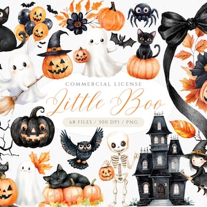Könnte beinhalten: Halloween-Illustrationen mit Kürbissen, Geistern, schwarzen Katzen, Fledermäusen und einem Spukhaus. Das Kunstwerk enthält den Text "Little Boo" und Details zur kommerziellen Lizenz.