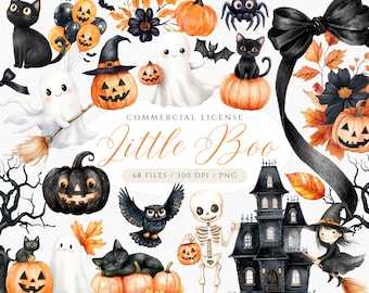 Aquarell Halloween Cliparts, Geist, Geist, Kürbis, Katze (PNG Digital Download)