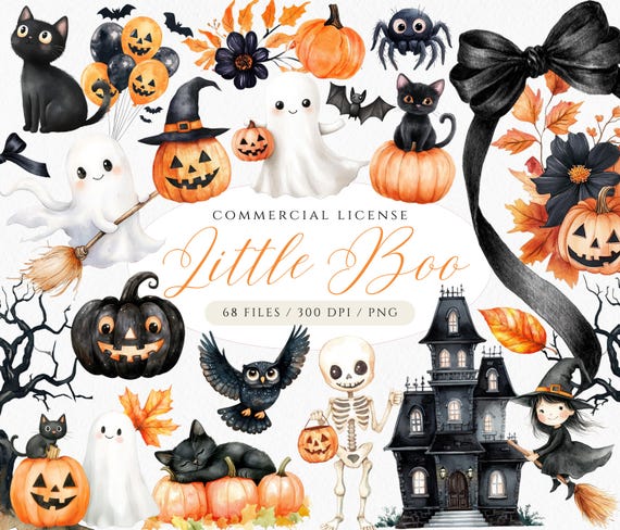 Watercolor Halloween Clipart, Spooky Ghost, Pumpkin, Cat (PNG Digital Download)