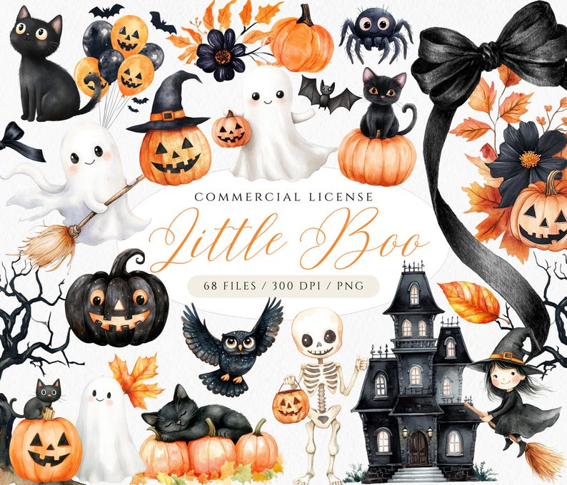 May include: A collection of Halloween-themed illustrations featuring pumpkins, ghosts, black cats, bats, and a haunted house. The artwork includes the text "Little Boo" and details about the commercial license.