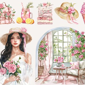 Puede incluir: Una ilustraci&oacute;n de acuarela de una mujer con un sombrero de paja y un vestido blanco, sosteniendo un ramo de rosas rosas. El fondo presenta una ventana con flores rosas y una silla con un coj&iacute;n rosa.