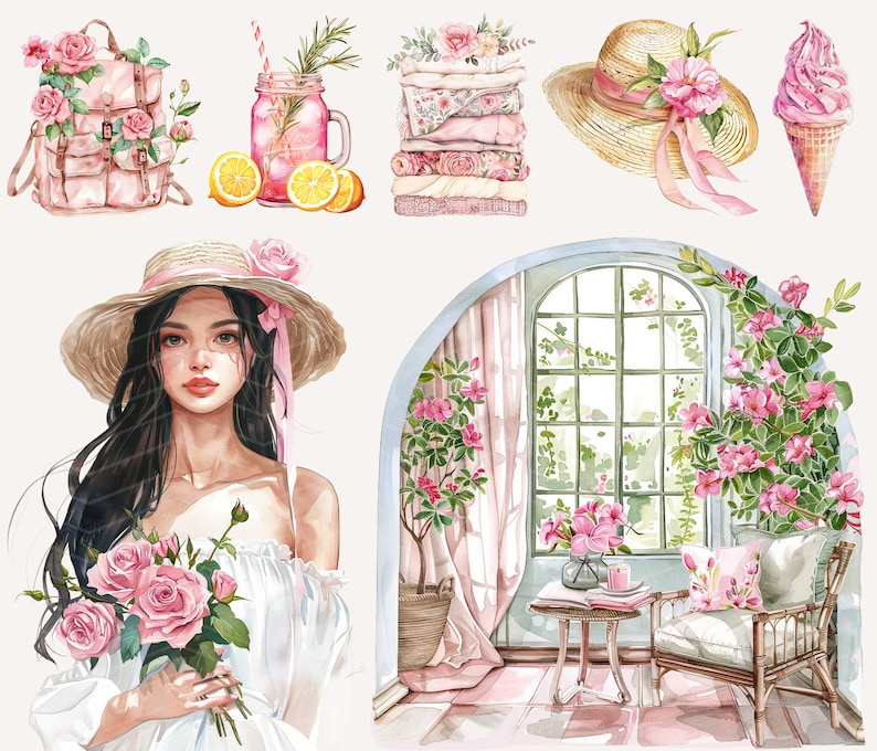 Puede incluir: Una ilustraci&oacute;n de acuarela de una mujer con un sombrero de paja y un vestido blanco, sosteniendo un ramo de rosas rosas. El fondo presenta una ventana con flores rosas y una silla con un coj&iacute;n rosa.