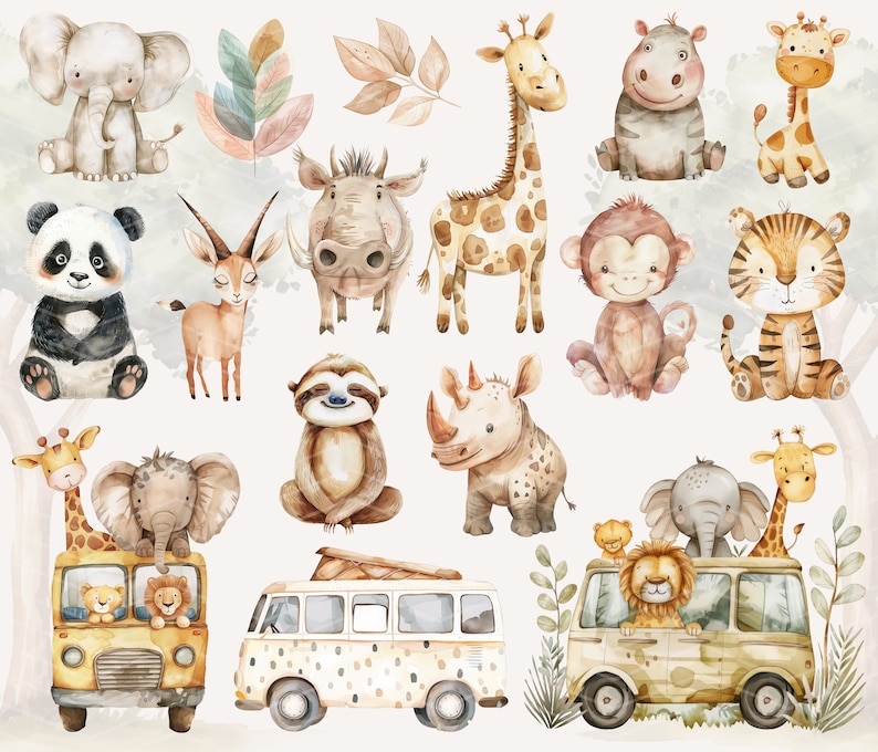 Doux animaux de safari, Clipart aquarelle pour chambre d'enfant Safari, Safari aventure, Safari PNG, Animaux de la jungle PNG, Safari Tour, Bébés animaux Safari image 3