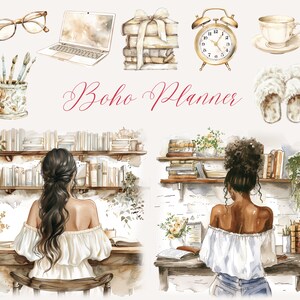 Op de afbeelding: Een aquarel-illustratie met een boho-plannerthema met twee vrouwen die aan bureaus zitten met boekenkasten erachter. De afbeelding bevat ook een laptop, een bril, een klok, een kopje thee en een stapel boeken.