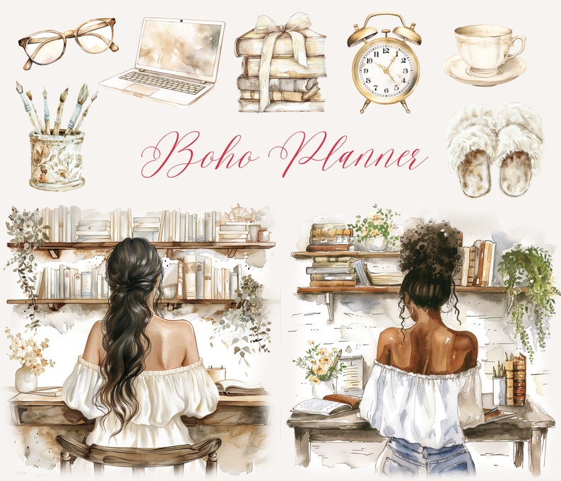 Op de afbeelding: Een aquarel-illustratie met een boho-plannerthema met twee vrouwen die aan bureaus zitten met boekenkasten erachter. De afbeelding bevat ook een laptop, een bril, een klok, een kopje thee en een stapel boeken.