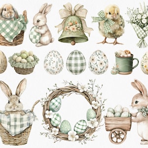 May include: Watercolor illustrations of Easter-themed items. The image includes a bunny in a basket, a chick, eggs, a bell, a wreath, and a bunny pushing a cart of eggs. The color palette is soft, with green and beige tones.