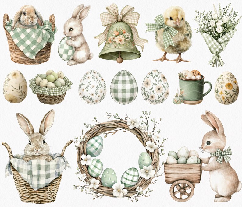 May include: Watercolor illustrations of Easter-themed items. The image includes a bunny in a basket, a chick, eggs, a bell, a wreath, and a bunny pushing a cart of eggs. The color palette is soft, with green and beige tones.