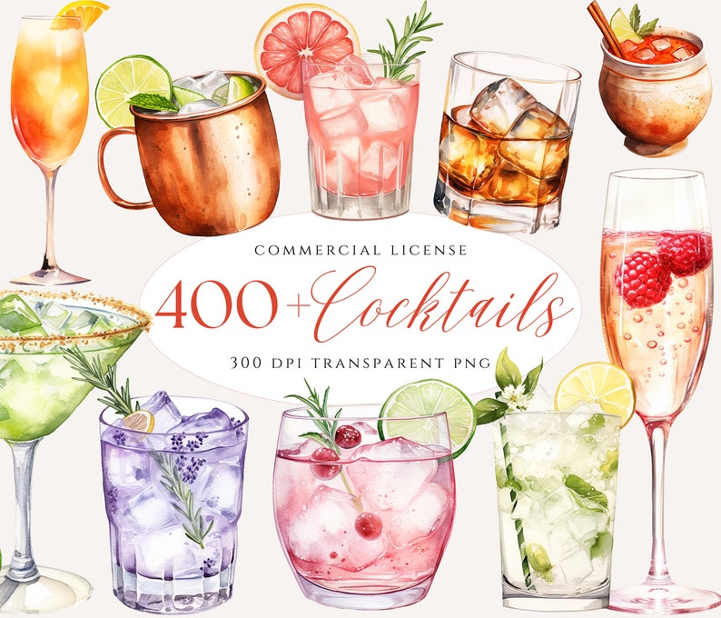 400+ Watercolor Cocktail Clipart Bundle: Mocktail, Champagne, Wine, Beer PNG image 1