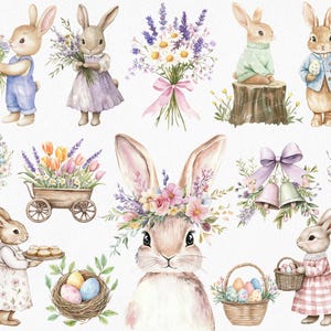 May include: Watercolor illustration of bunnies with floral wreaths, bouquets, and Easter eggs. The bunnies are wearing clothes and holding baskets. The illustration is perfect for Easter crafts and decorations.