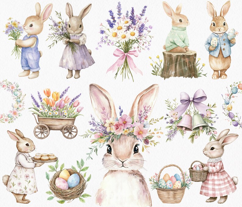 May include: Watercolor illustration of bunnies with floral wreaths, bouquets, and Easter eggs. The bunnies are wearing clothes and holding baskets. The illustration is perfect for Easter crafts and decorations.