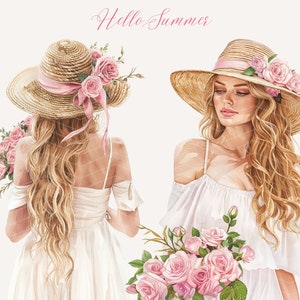Puede incluir: Dos mujeres con el pelo largo y rubio que llevan vestidos blancos y sombreros de paja con cintas rosas y flores rosas. El texto "Hello Summer" est&aacute; escrito encima de las mujeres.