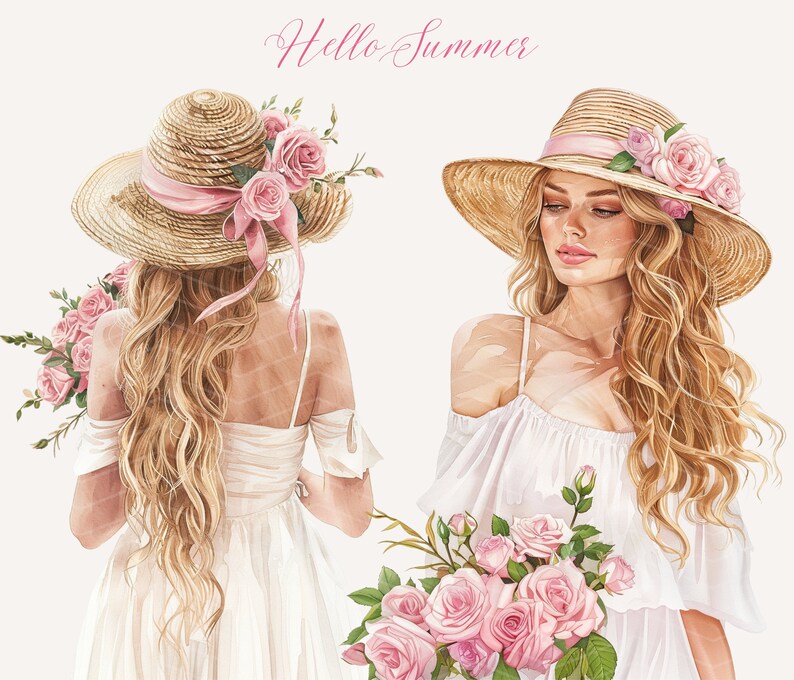 Puede incluir: Dos mujeres con el pelo largo y rubio que llevan vestidos blancos y sombreros de paja con cintas rosas y flores rosas. El texto "Hello Summer" est&aacute; escrito encima de las mujeres.