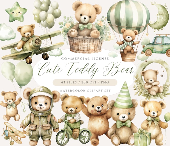 Watercolor Teddy Bear Clipart Bundle: Sage Green Baby Shower (PNG)