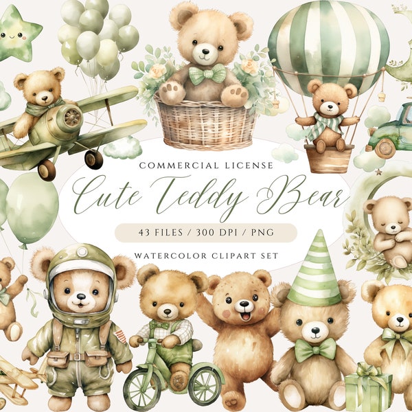 Watercolor Green Teddy Bear Clipart Bundle, Baby Shower Clipart, Boho Teddy Bear Clipart, Cute Teddy Bear PNG, Olive Teddy, Flying Bear, TB