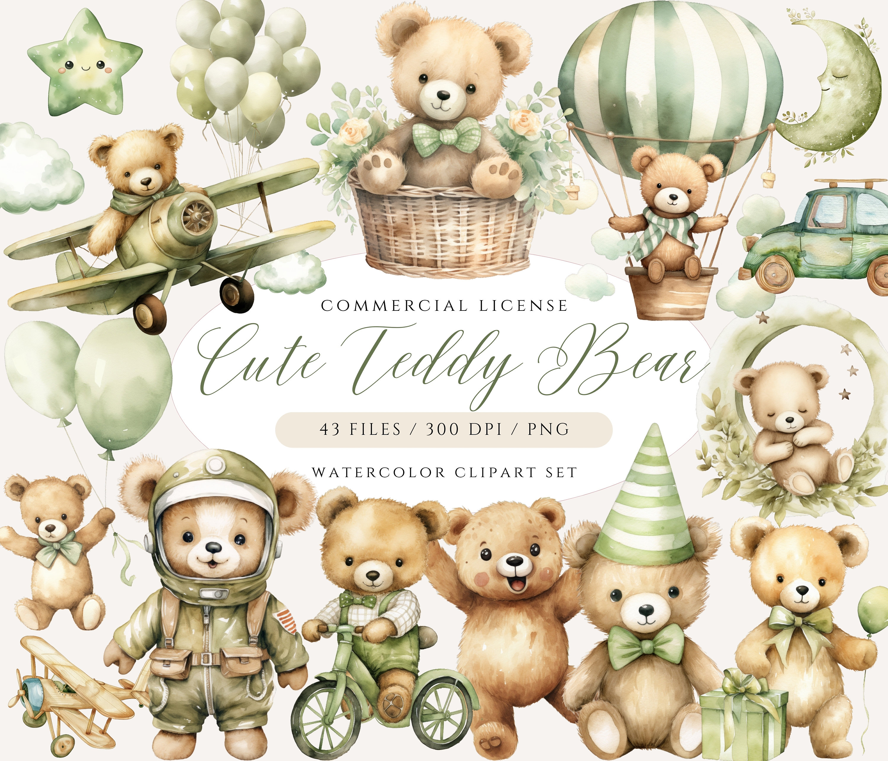 Watercolor Green Teddy Bear Clipart Bundle, Baby Shower Clipart, Boho Teddy Bear Clipart, Cute Teddy Bear PNG, Olive Teddy, Flying Bear, TB