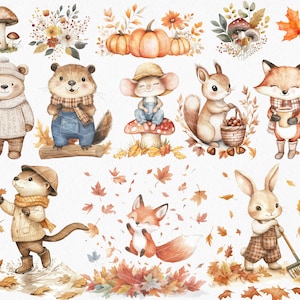 May include: A collection of watercolour illustrations featuring autumnal animals and elements. Includes a bear in a sweater, a beaver in dungarees, a mouse on a mushroom, a squirrel with a basket, a fox with a scarf, an otter, and a rabbit raking leaves. Pumpkins and foliage.