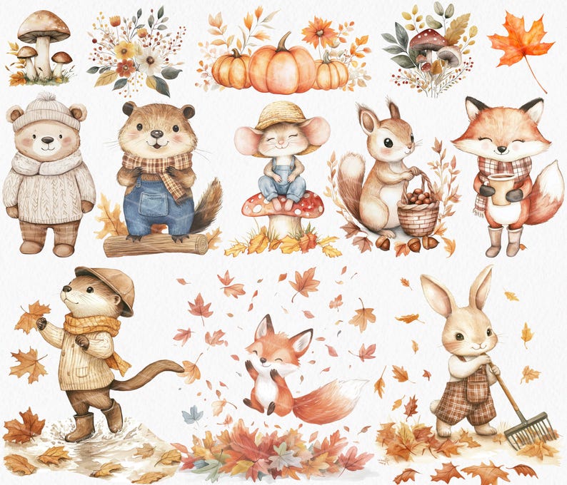 May include: A collection of watercolour illustrations featuring autumnal animals and elements. Includes a bear in a sweater, a beaver in dungarees, a mouse on a mushroom, a squirrel with a basket, a fox with a scarf, an otter, and a rabbit raking leaves. Pumpkins and foliage.