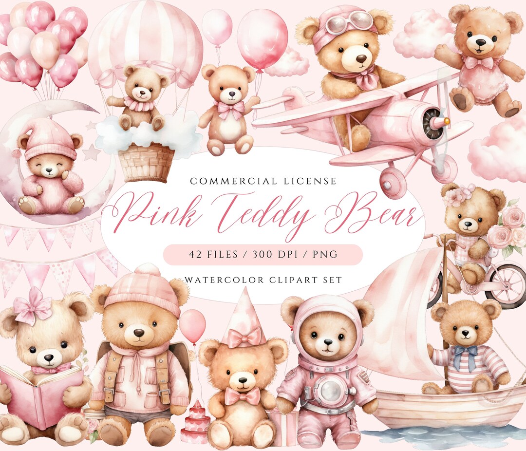 Pink Teddy Bear Watercolor Clipart Bundle: Baby Shower PNG (digital ...