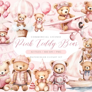 Bundle de clipart ours en peluche rose, bébé ours, ours en peluche PNG, nounours volant, montgolfière, clipart baby shower, clipart animal mignon, nounours TB