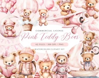 May include: Watercolor clipart set featuring pink teddy bears in various poses. Bears are depicted with accessories like a hot air balloon, airplane, and sailboat. The text "Pink Teddy Bear" is displayed, along with "42 FILES / 300 DPI / PNG" and "WATERCOLOR CLIPART SET".