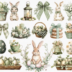 May include: Watercolor illustrations of Easter-themed decorations. The image features bunnies, eggs, bows, candles, and floral arrangements in shades of green, white, and beige. A lantern, teacup, and basket are also included, all with a rustic, farmhouse aesthetic.