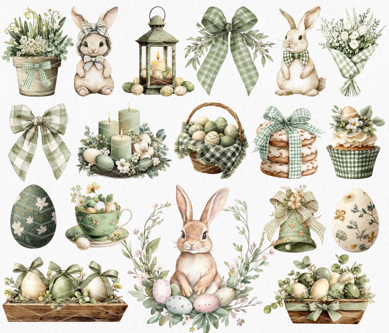 May include: Watercolor illustrations of Easter-themed decorations. The image features bunnies, eggs, bows, candles, and floral arrangements in shades of green, white, and beige. A lantern, teacup, and basket are also included, all with a rustic, farmhouse aesthetic.
