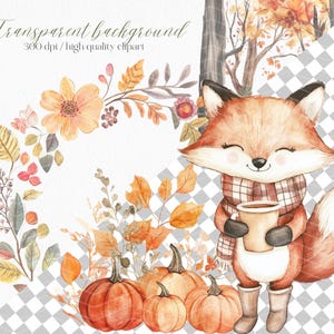 May include: A watercolour illustration of a fox wearing a scarf and holding a mug, set against a backdrop of pumpkins and autumn leaves. The image includes the text: "Transparent background 300 dpi / high quality clipart."