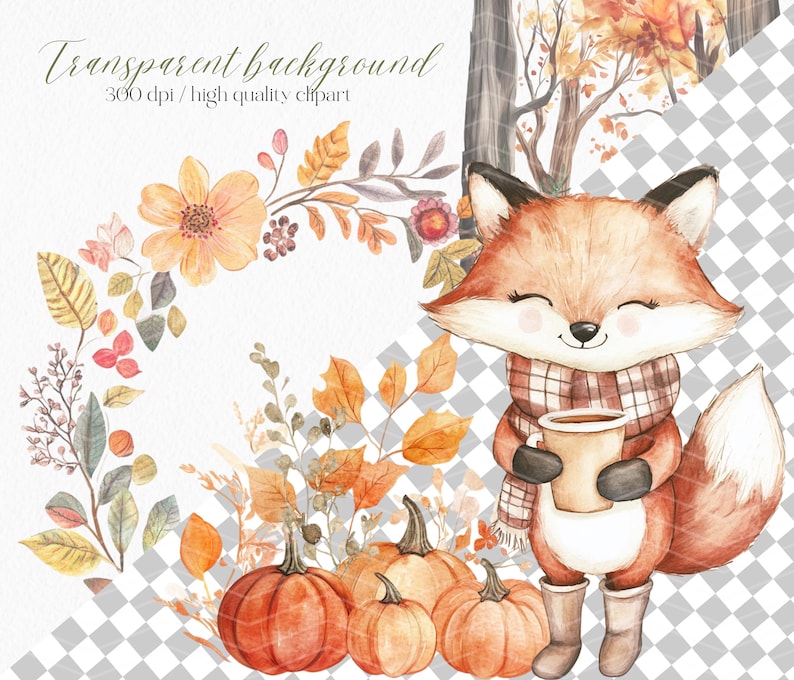 May include: A watercolour illustration of a fox wearing a scarf and holding a mug, set against a backdrop of pumpkins and autumn leaves. The image includes the text: "Transparent background 300 dpi / high quality clipart."