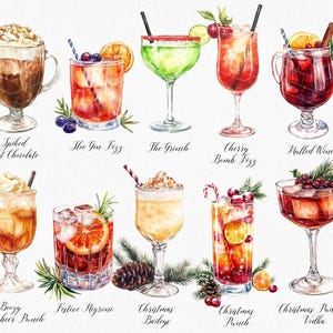 K&ouml;nnte beinhalten: Aquarell-Illustration von 10 verschiedenen festlichen Cocktails, jeder mit einem festlichen Namen und einer Garnitur. Die Cocktails umfassen Gl&uuml;hwein mit Schuss, Hee Gin Fizz, Der Grinch, Cherry Bomb Fizz, Gl&uuml;hwein, Punsch mit Buttermilchbier, Festlicher Negroni, Christmas Baileys, Weihnachtspunsch und Weihnachtspudding-Wodka.