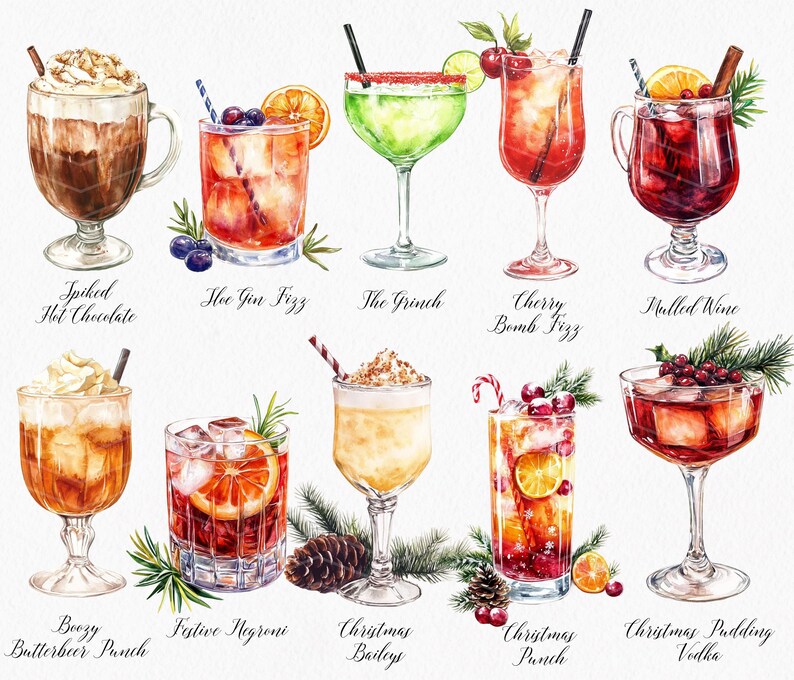 K&ouml;nnte beinhalten: Aquarell-Illustration von 10 verschiedenen festlichen Cocktails, jeder mit einem festlichen Namen und einer Garnitur. Die Cocktails umfassen Gl&uuml;hwein mit Schuss, Hee Gin Fizz, Der Grinch, Cherry Bomb Fizz, Gl&uuml;hwein, Punsch mit Buttermilchbier, Festlicher Negroni, Christmas Baileys, Weihnachtspunsch und Weihnachtspudding-Wodka.