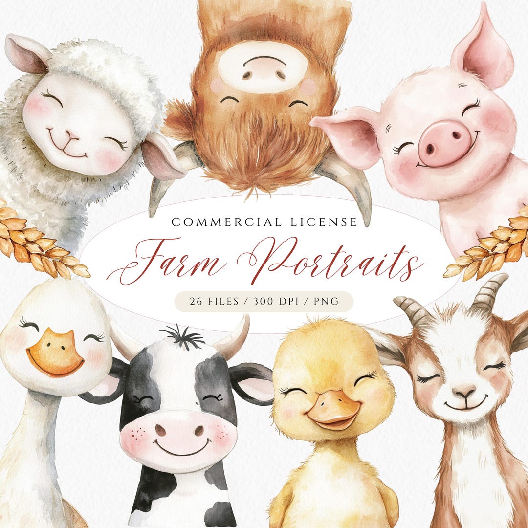Watercolor Farm Animal Portraits Clipart: Baby Nursery Decor PNG Files ...