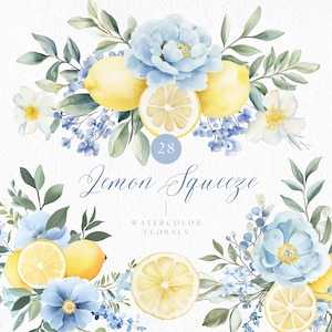 Può includere: Illustrazione ad acquerello con limoni, fiori blu e fogliame verde. L'immagine include il testo "Lemon Squeeze" e "Watercolor Florals". Il design ha un tema botanico fresco, con un'estetica luminosa e ariosa.